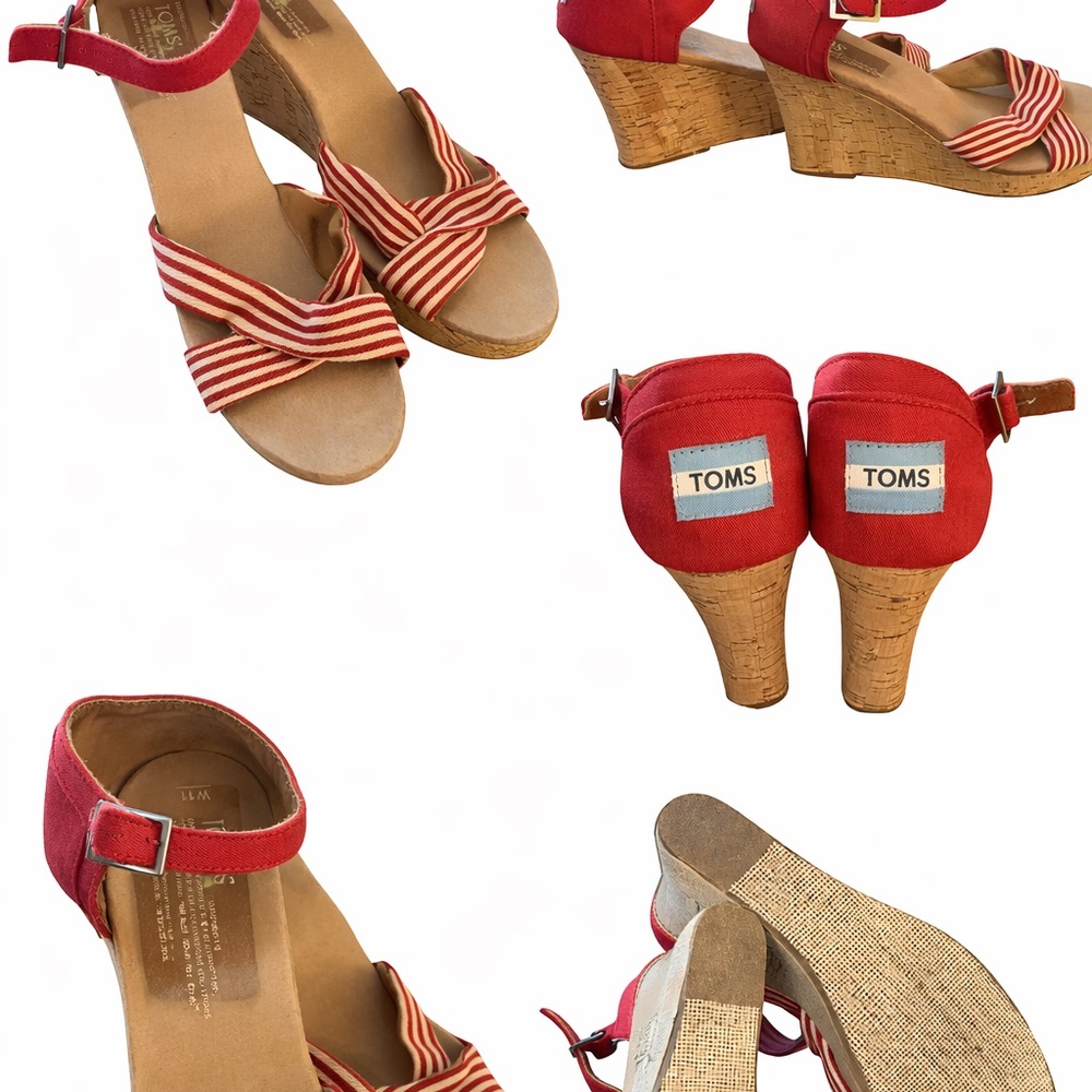 Toms Red Striped Canvas Cork Wedge Sandals